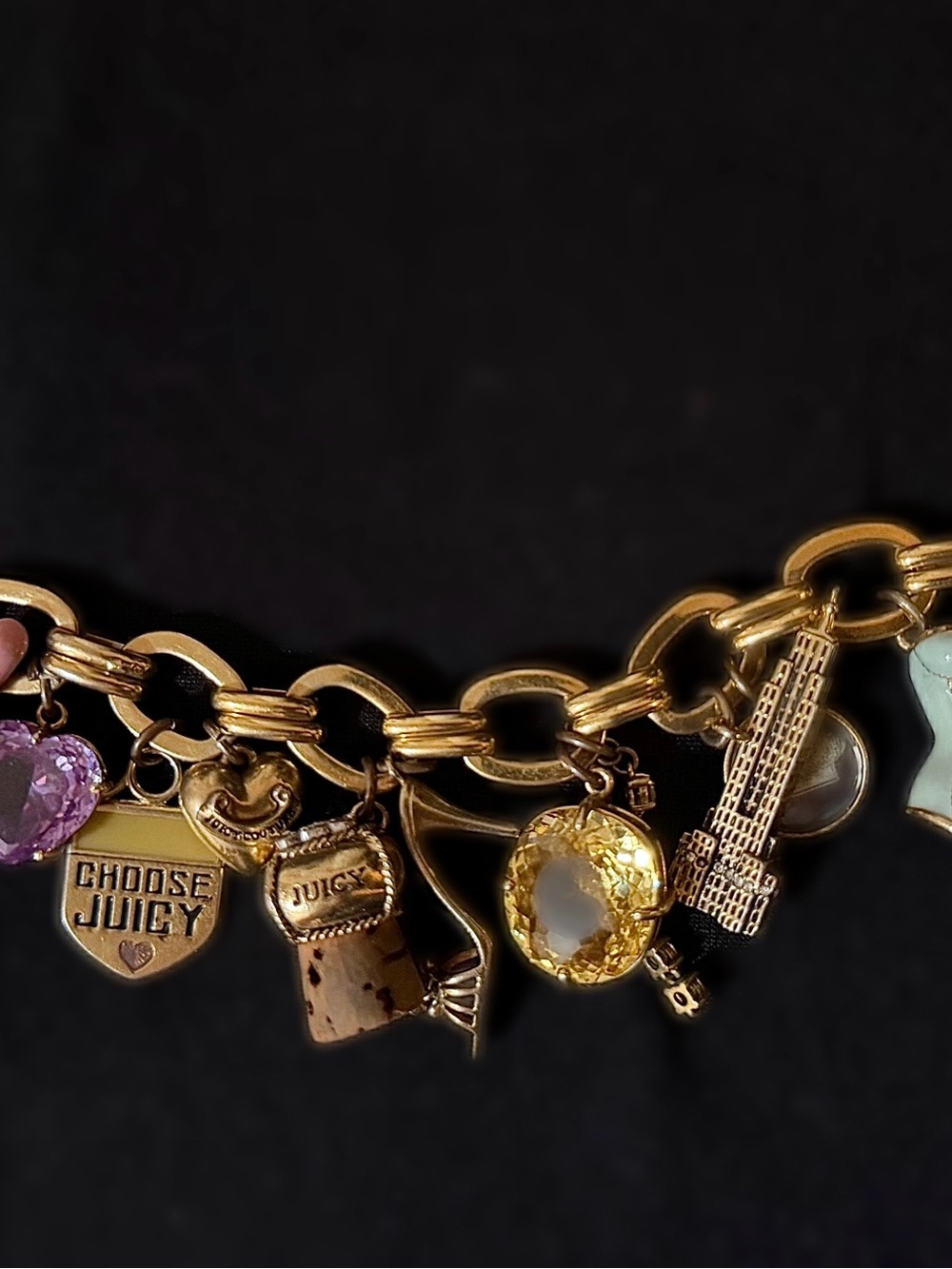 RARE Juicy Couture Gold Charm Bracelet with Purple, Yellow and Mint Charms